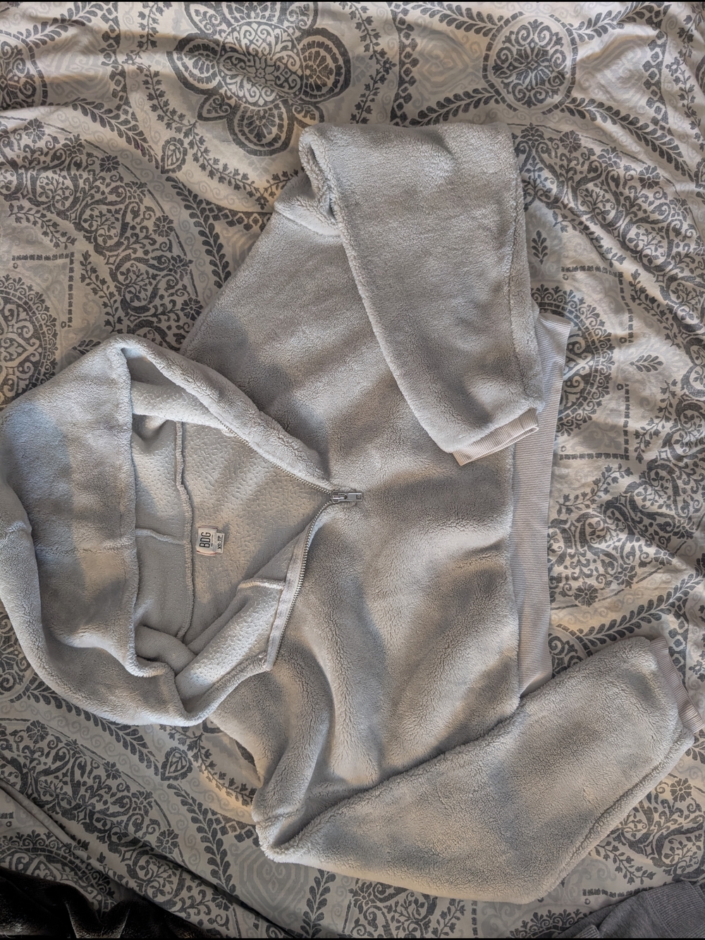 BDG Light Gray Plush Half-Zip Crop Hoodie